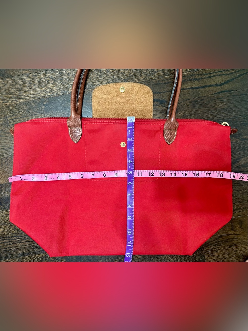 Longchamp Le Pliage Large Red Nylon Tote Bag Brown Leather Handles - Picture 8 of 8